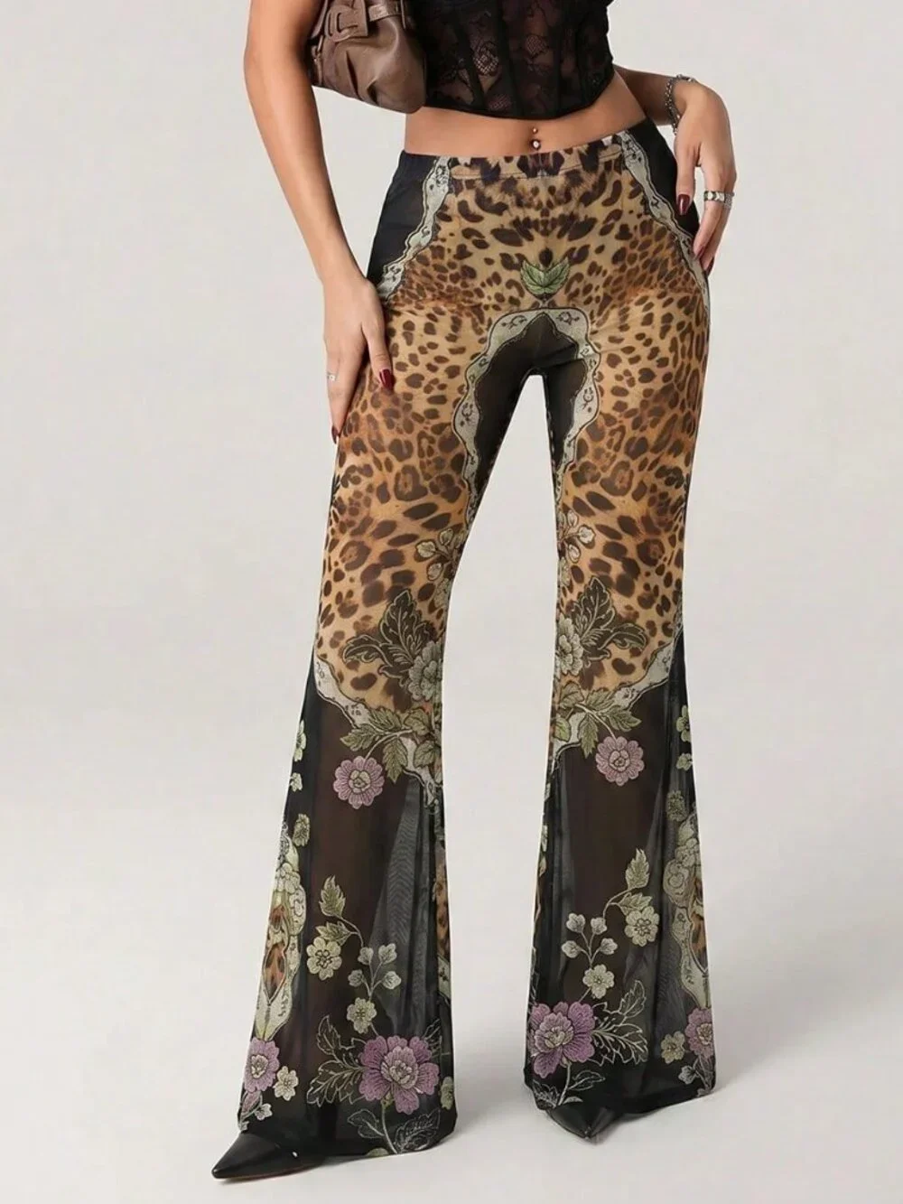 Brown Casual Women's Leopard Print Flared Leg Pants